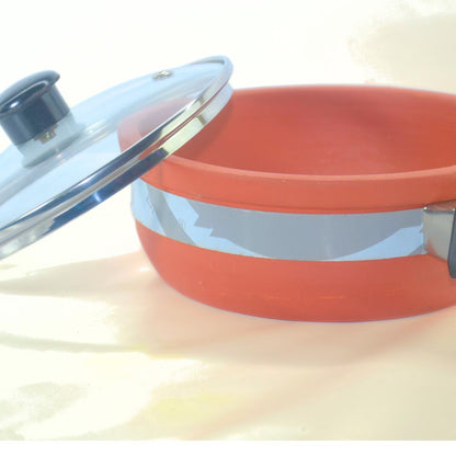 Traditional Terracotta Clay Frying Pan with Glass Lid, Indian Cooking Cookware, Red