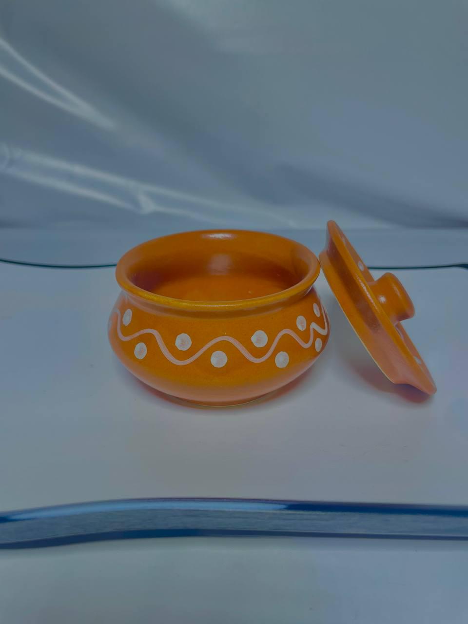 Orange Ceramic Storage Jar with Lid: White Dots & Wave Pattern