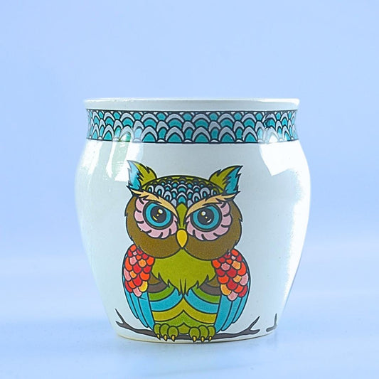 Decorative Ceramic Cup with Hand-Painted Owl Design, White and Turquoise Pattern, 12 cm Height