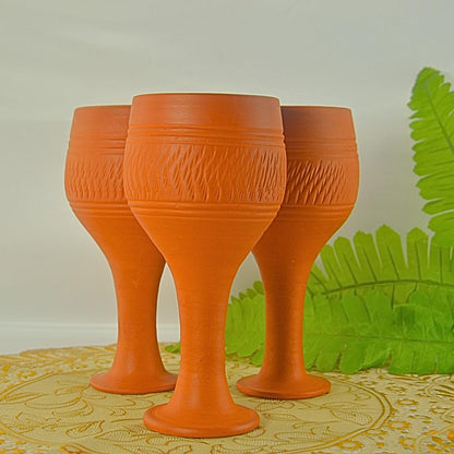 Handcrafted Terracotta Wine Goblets, Set of 3, Traditional Carved Design, Clay Stemware