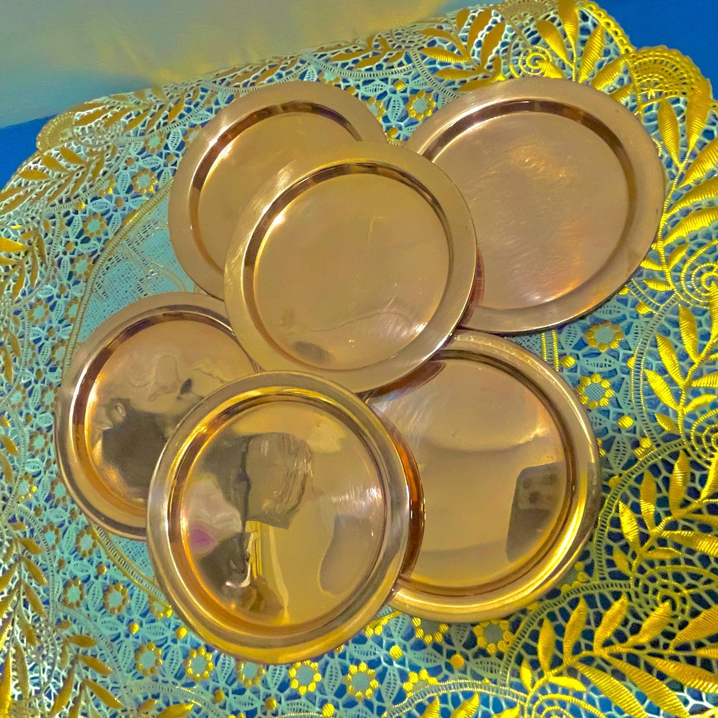 Handcrafted Brass Coaster Set: Golden Polished Table Decor, 6 Piece