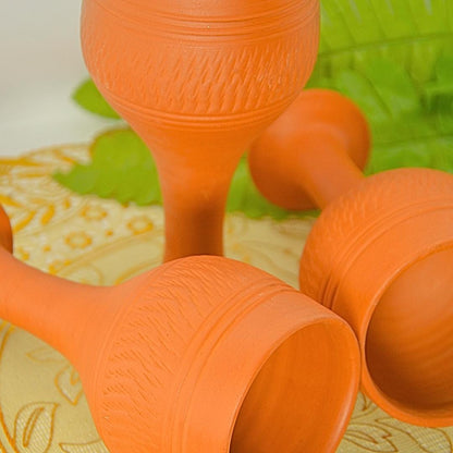 Handcrafted Terracotta Wine Goblets, Set of 3, Traditional Carved Design, Clay Stemware