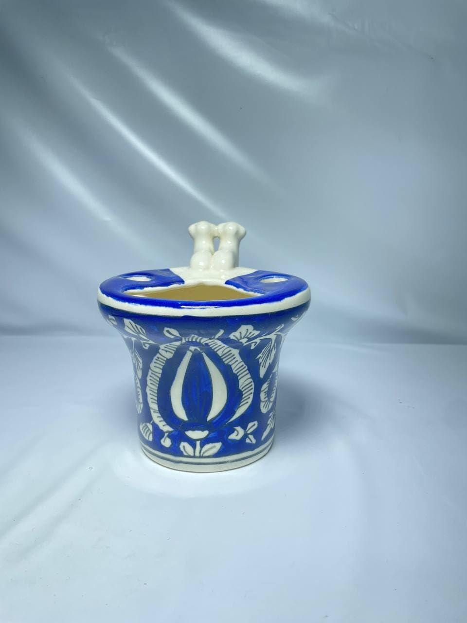 Ceramic Toothbrush Holder with Blue Floral Design, Traditional Hand-Painted Pattern, White and Blue