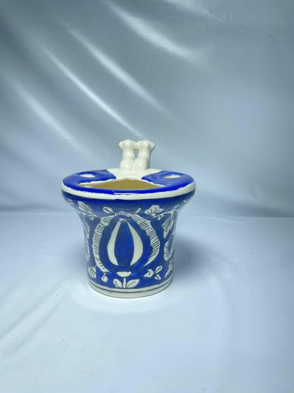 Ceramic Toothbrush Holder with Blue Floral Design, Traditional Hand-Painted Pattern, White and Blue