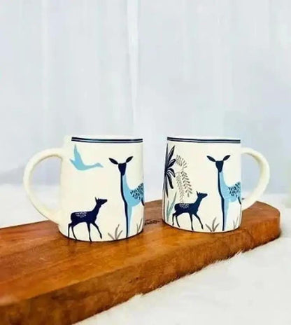 Ceramic Coffee Mugs - White with Blue Deer & Bird Design, Set of 2