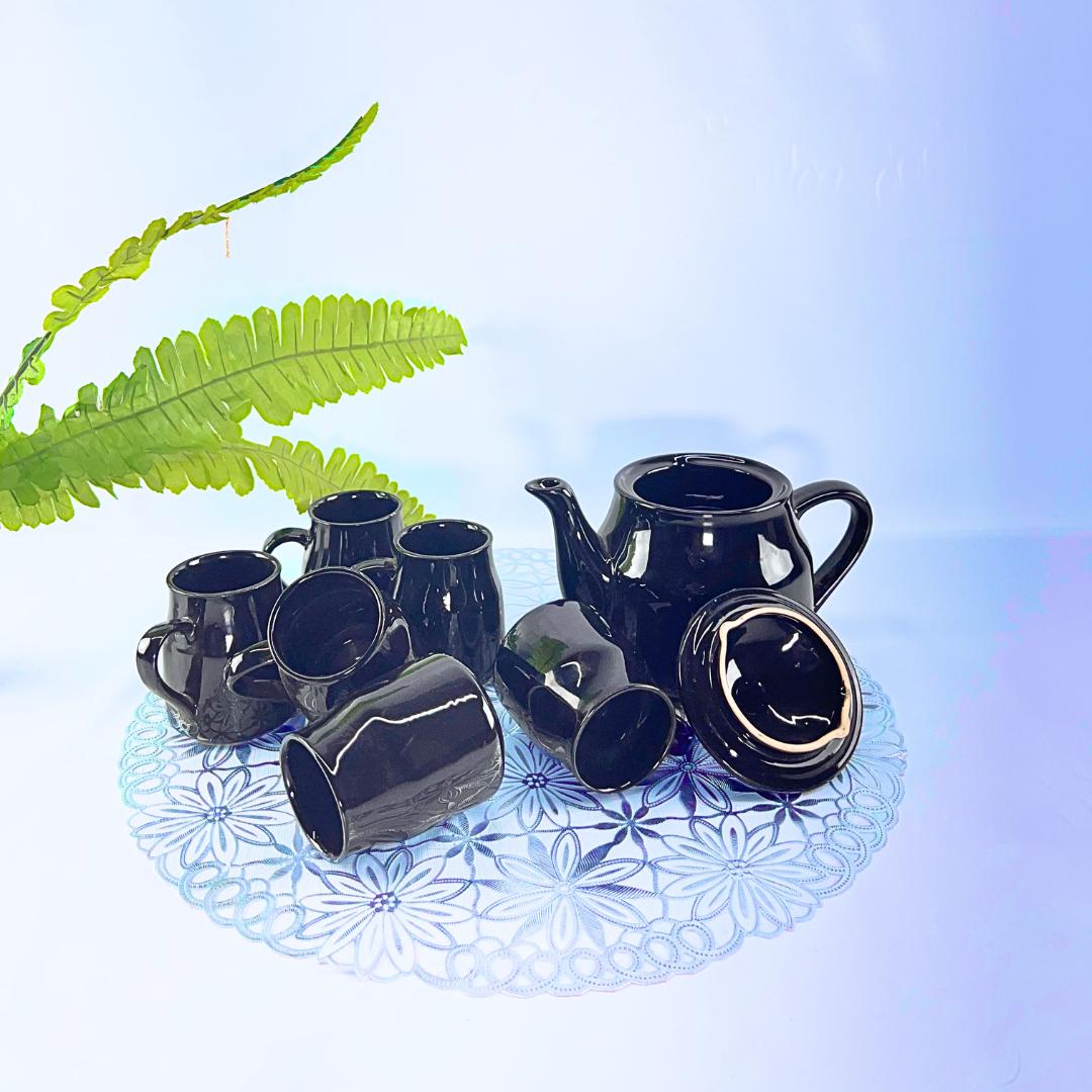 Elegant Black Ceramic Tea Set, 7-Piece, Floral Engraved Teapot with 6 Cups
