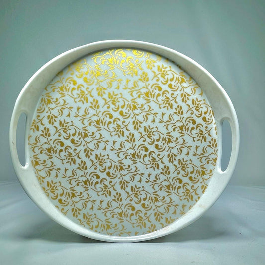 Decorative Round Serving Tray with Gold Floral Pattern, White Plastic with Handles