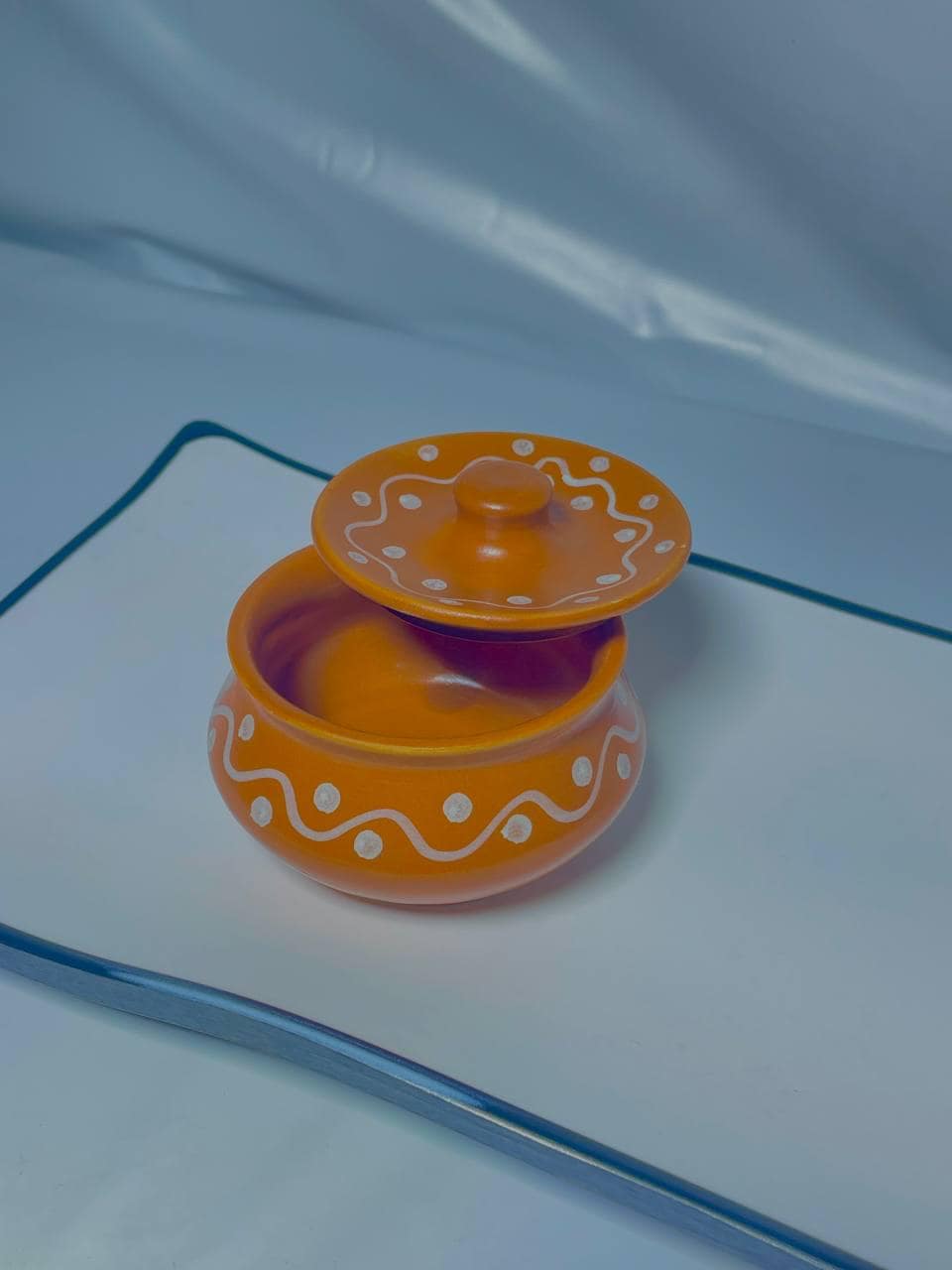 Orange Ceramic Storage Jar with Lid: White Dots & Wave Pattern