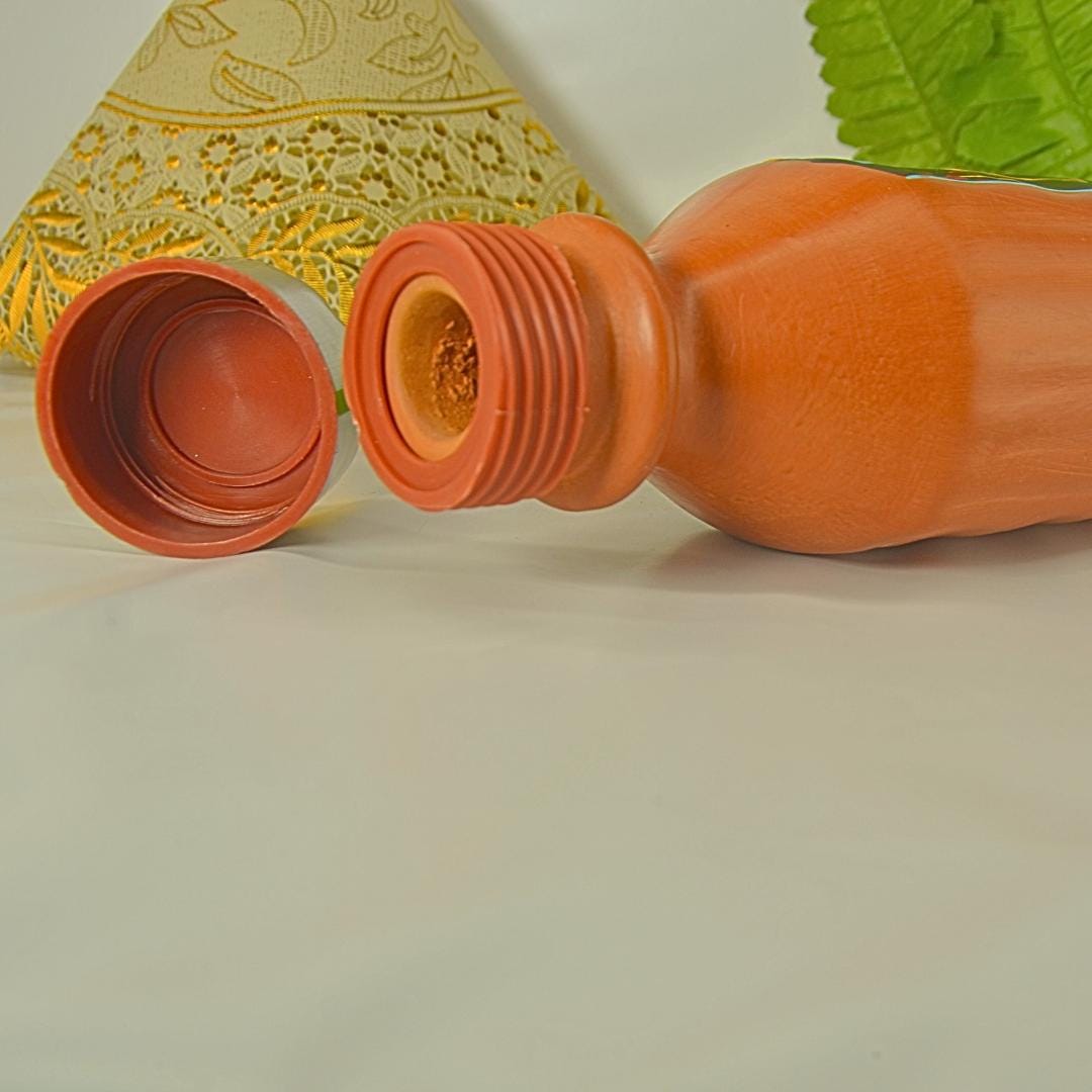 Handcrafted Terracotta Water Bottle with Artistic Design, Steel Lid, Traditional Clay Cooling