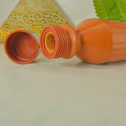 Handcrafted Terracotta Water Bottle with Artistic Design, Steel Lid, Traditional Clay Cooling
