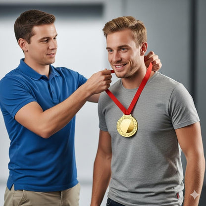 Gold Medal Award Set, 6-Piece with Red Ribbons, Olympic-Style Design for Ceremonies and Competitions