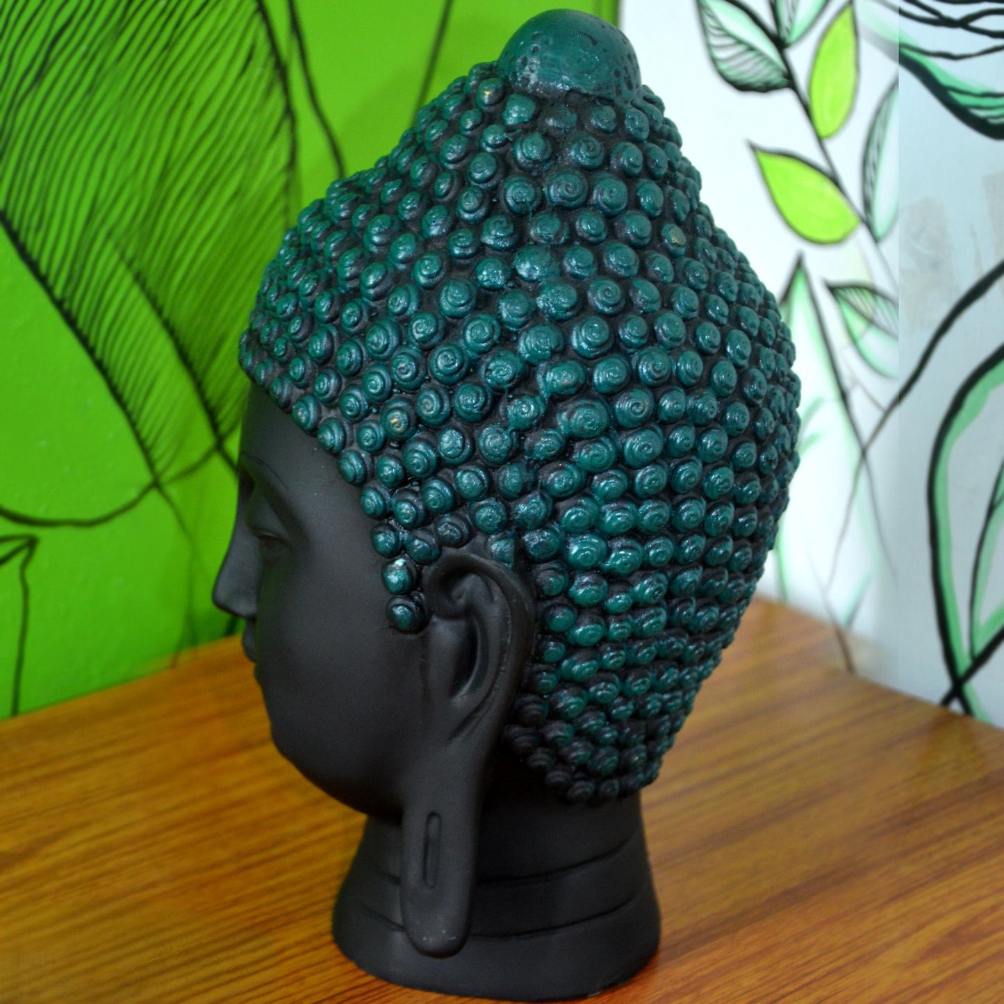 Black Buddha Head Statue with Turquoise Crown - Meditation Decor