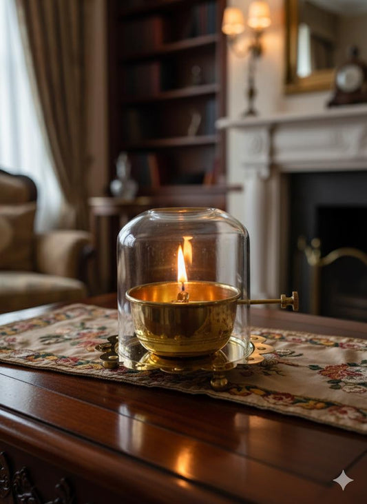 Brass Oil Diya with Glass Chimney: Traditional Pooja Decor
