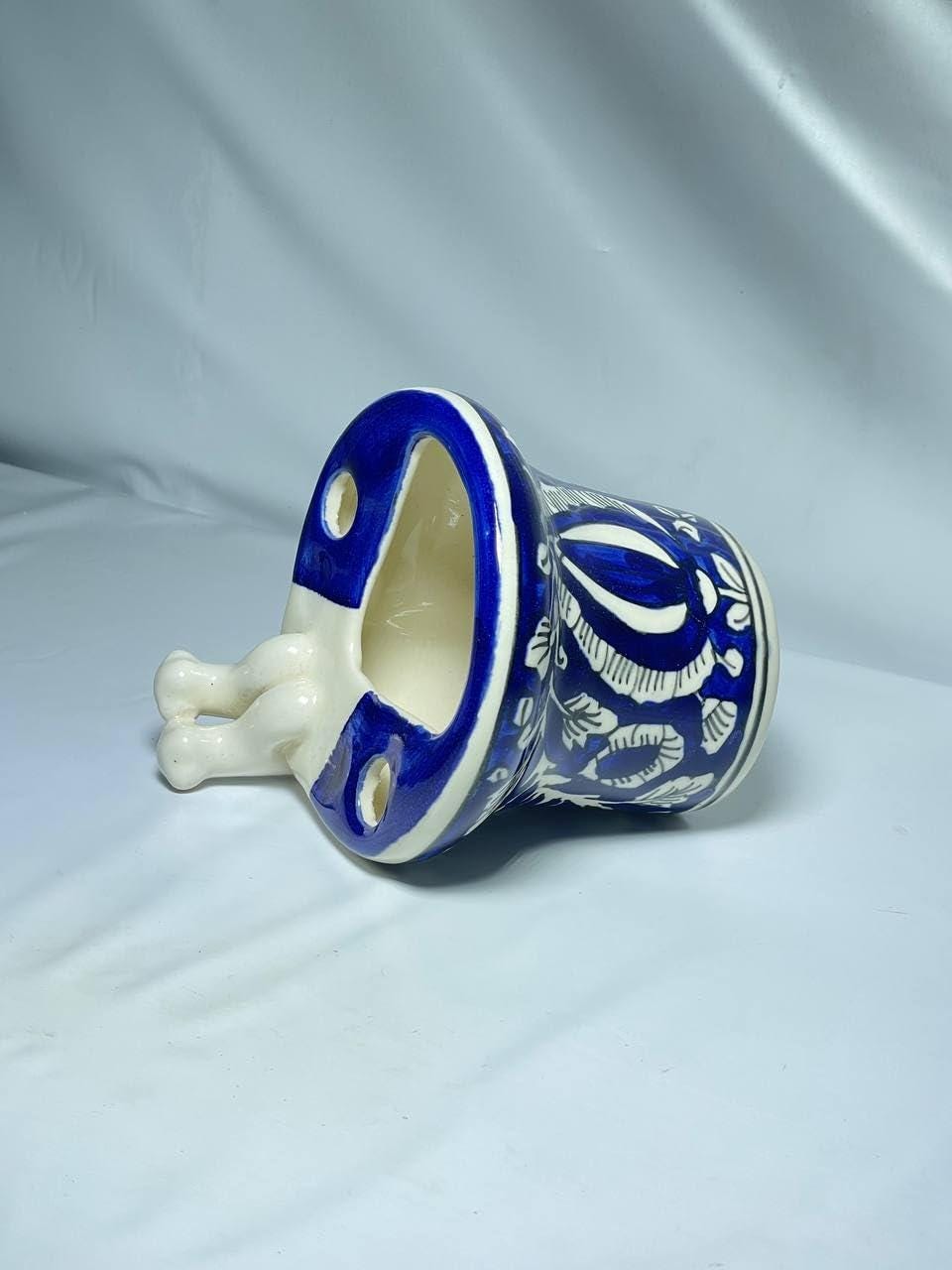 Ceramic Toothbrush Holder with Blue Floral Design, Traditional Hand-Painted Pattern, White and Blue