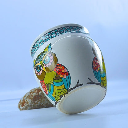 Decorative Ceramic Cup with Hand-Painted Owl Design, White and Turquoise Pattern, 12 cm Height