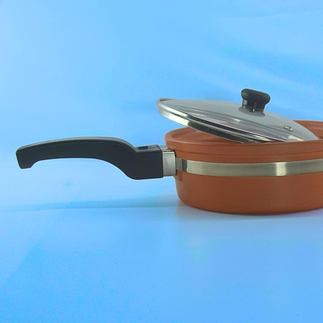 Terracotta-Style Non-Stick Frying Pan with Glass Lid, Clay-Coated Base, Dual Handles