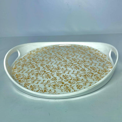 Decorative Round Serving Tray with Gold Floral Pattern, White Plastic with Handles
