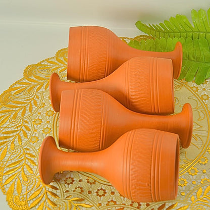 Handcrafted Terracotta Drinkware Set, 4-Piece Traditional Clay Goblets and Vessels, Orange