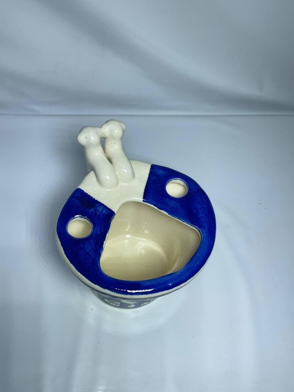 Ceramic Toothbrush Holder with Blue Floral Design, Traditional Hand-Painted Pattern, White and Blue