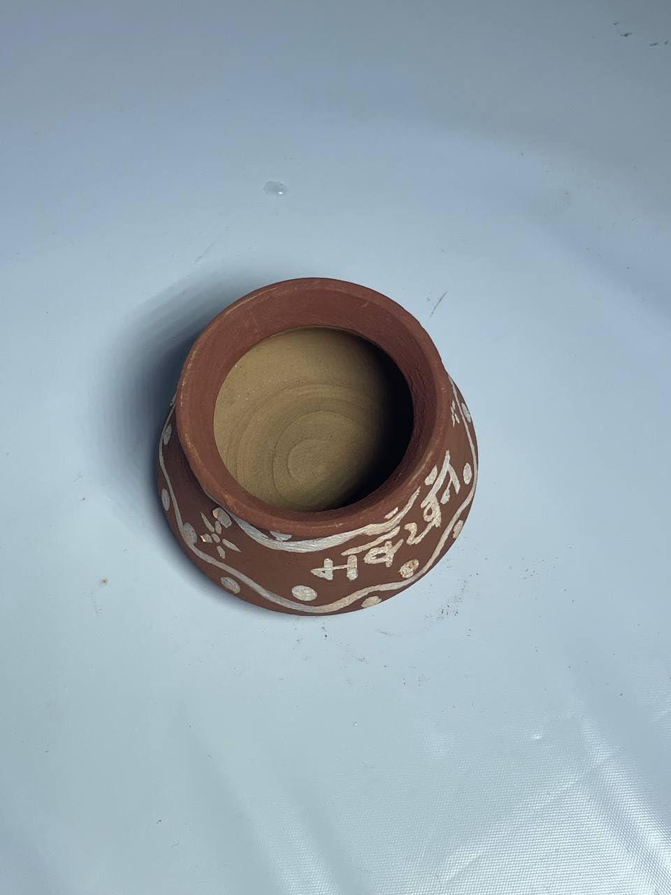 Handcrafted Terracotta Decorative Pot with Traditional White Pattern, Brown