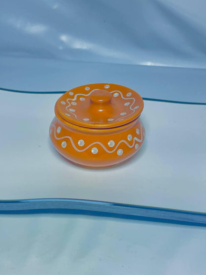 Orange Ceramic Storage Jar with Lid: White Dots & Wave Pattern