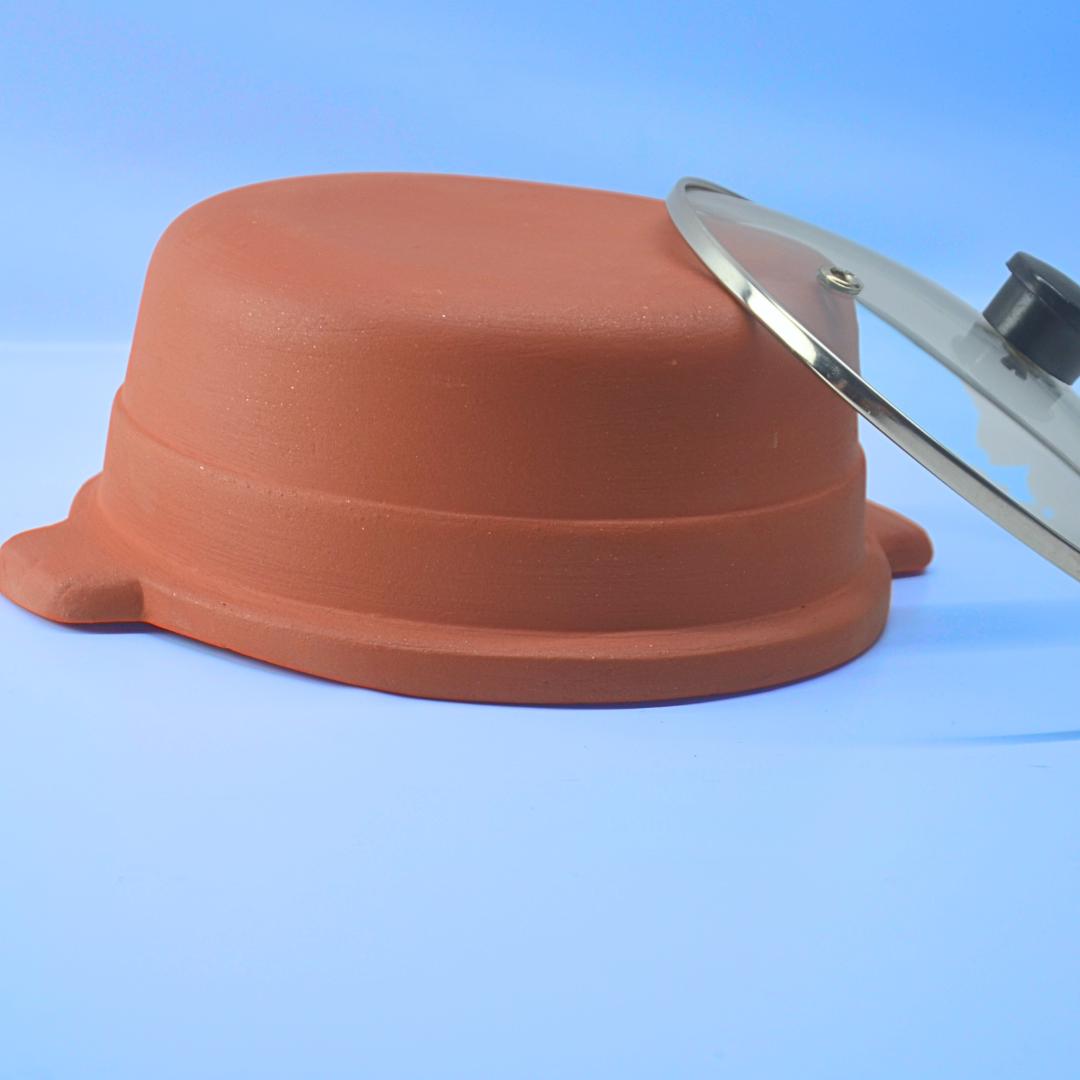 Traditional Terracotta Cooking Pot with Glass Lid, Side Handles, for Slow Cooking and Stews