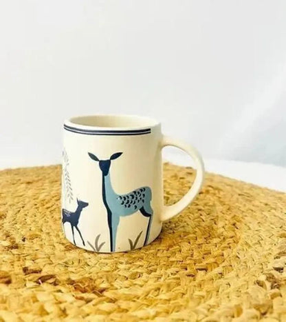 Ceramic Coffee Mugs - White with Blue Deer & Bird Design, Set of 2