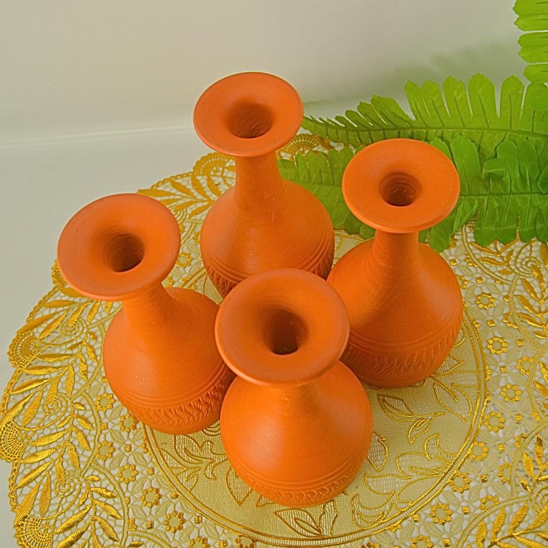 Handcrafted Terracotta Drinkware Set, 4-Piece Traditional Clay Goblets and Vessels, Orange