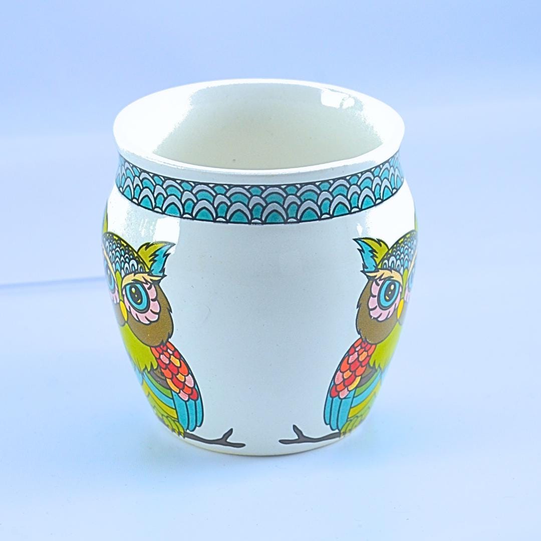 Decorative Ceramic Cup with Hand-Painted Owl Design, White and Turquoise Pattern, 12 cm Height