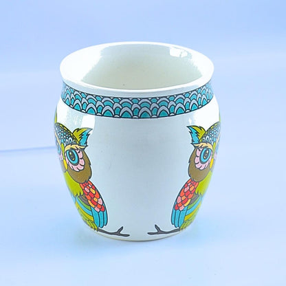 Decorative Ceramic Cup with Hand-Painted Owl Design, White and Turquoise Pattern, 12 cm Height