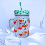 Decorative Glass Mason Jar with Hand-Painted Red Hearts Pattern, Green Checkered Lid - Image 2
