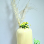 Decorative Ceramic Flower Vase, 23 cm Height, Ribbed Design, Light Yellow with Artificial Flowers