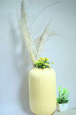 Decorative Ceramic Flower Vase, 23 cm Height, Ribbed Design, Light Yellow with Artificial Flowers