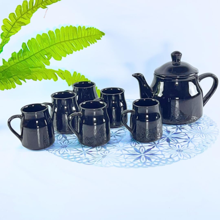 Elegant Black Ceramic Tea Set, 7-Piece, Floral Engraved Teapot with 6 Cups