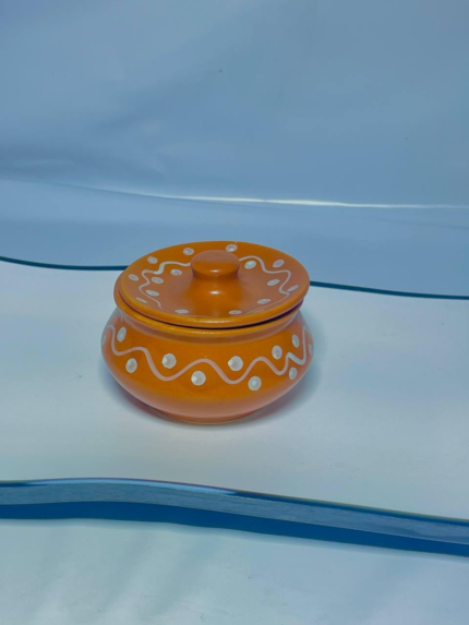 Decorative Ceramic Storage Jar with Lid, Orange with White Dots and Wave Pattern, Traditional Design