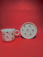 Ceramic Tea Cup and Saucer Set with Cherry Blossom Pattern, White with Pink and Navy Design, Scalloped Edge - Image 3