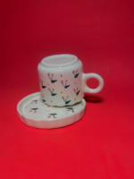 Ceramic Tea Cup and Saucer Set with Cherry Blossom Pattern, White with Pink and Navy Design, Scalloped Edge - Image 4