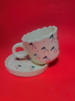 Ceramic Tea Cup and Saucer Set with Cherry Blossom Pattern, White with Pink and Navy Design, Scalloped Edge - Image 5