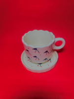 Ceramic Tea Cup and Saucer Set with Cherry Blossom Pattern, White with Pink and Navy Design, Scalloped Edge - Image 2