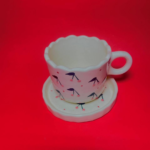 Ceramic Tea Cup and Saucer Set with Cherry Blossom Pattern, White with Pink and Navy Design, Scalloped Edge