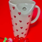 Valentine's Day Ceramic Coffee Mug with Red Hearts Pattern, White, with Decorative Charms