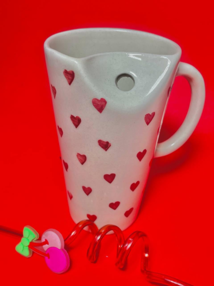 Valentine's Day Ceramic Coffee Mug with Red Hearts Pattern, White, with Decorative Charms