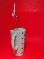 Valentine's Day Ceramic Coffee Mug with Red Hearts Pattern, White, with Decorative Charms - Image 4