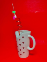 Valentine's Day Ceramic Coffee Mug with Red Hearts Pattern, White, with Decorative Charms - Image 6