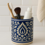 Handcrafted Ceramic Brush Holder, Blue and White Floral Design, Traditional Pottery Storage Container