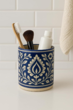 Handcrafted Ceramic Brush Holder, Blue and White Floral Design, Traditional Pottery Storage Container