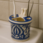 Ceramic Toothbrush Holder with Blue Floral Design, Traditional Hand-Painted Pattern, White and Blue