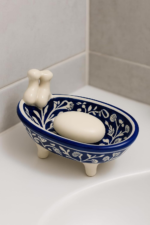 Decorative Ceramic Soap Dish, Bathtub Design with Torso Sculpture, Blue and White Floral Pattern - Image 2