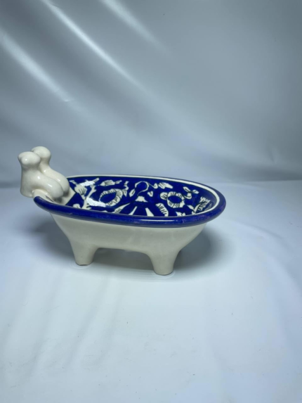Decorative Ceramic Soap Dish, Bathtub Design with Torso Sculpture, Blue and White Floral Pattern