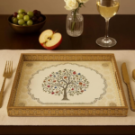 Decorative Wooden Serving Tray Set with Tree of Life Design, Gold Border, 3-Piece Nesting Storage Boxes